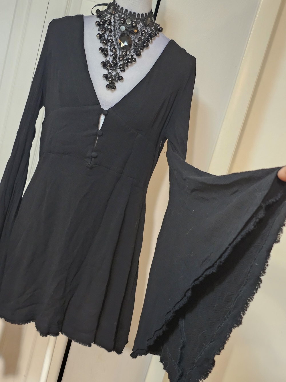 Dolls Kill Black V-Neck Long Sleeve Bell-Sleeve Dress